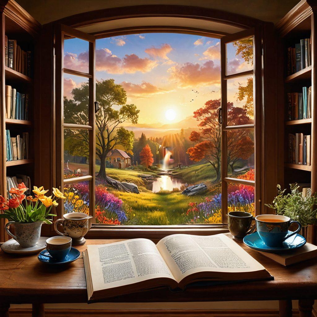 A whimsical scene featuring an open book with colorful, swirling stories emerging from its pages, each story represented by unique characters and vibrant landscapes. In the background, a cozy writing nook with a desk, a steaming cup of tea, and a bright window letting in golden sunlight, symbolizing inspiration and creativity. The overall tone is inviting and magical, encouraging readers to embrace their own storytelling journey. vibrant colors. painting.