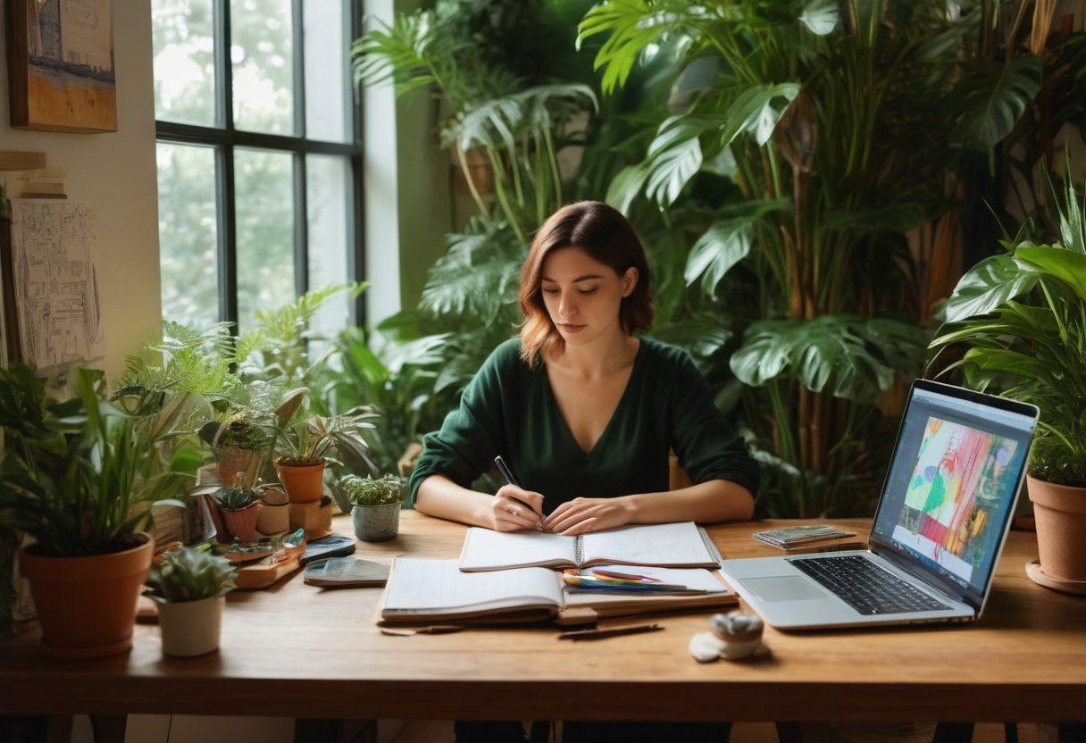 A cozy workspace filled with creative tools like notebooks, pens, and a laptop, surrounded by plants and warm lighting. An artist sketching their thoughts into a journal while a digital screen displays vibrant graphics. The background features inspiring quotes and colorful mood boards. The atmosphere is warm and inviting, emphasizing the blend of authenticity and digital creativity. super-realistic. vibrant colors. soft lighting.