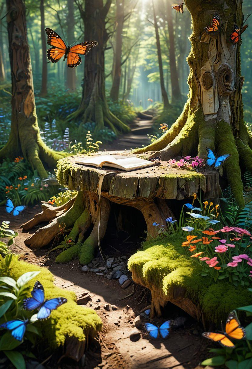 A serene, sunlit forest scene with a winding path leading to an open journal on a mossy tree stump, surrounded by colorful flowers and fluttering butterflies. Ethereal light filters through the trees, casting soft shadows and creating an inviting atmosphere for storytelling. Include various creative elements like quills, ink pots, and whimsical characters peeking from behind the trees. super-realistic. vibrant colors. soft focus.